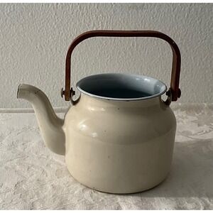 Vintage Cream‎ Enamel Tea Kettle Wood Handle Kitchen Decor Cottagecore
